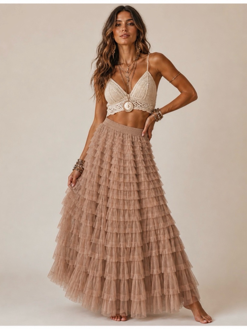 Tan BOHO Tulle LAYERED MAXI SKIRT SZ L